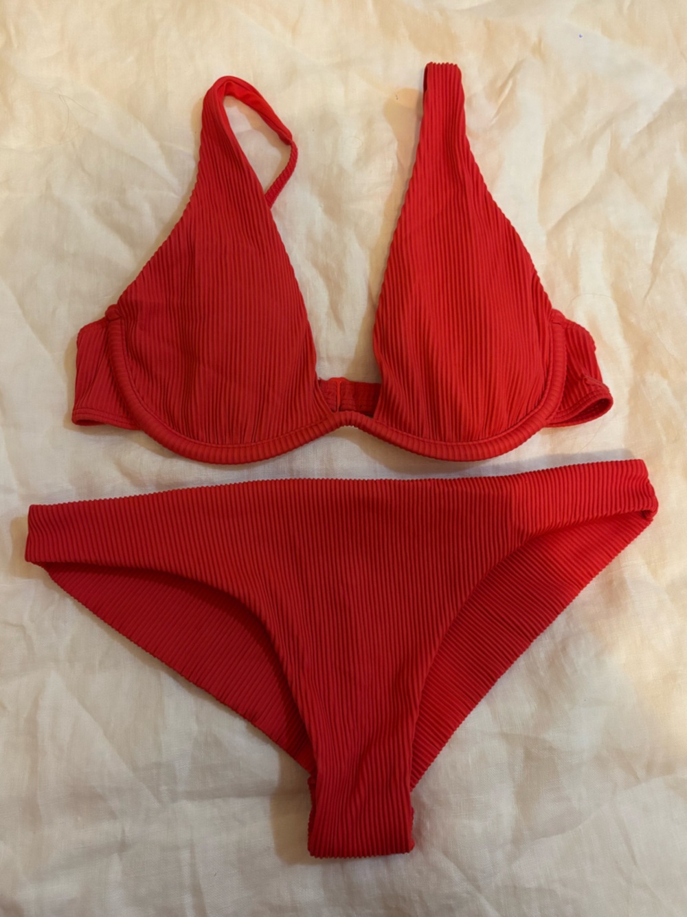 ROXY Ribbed Red Bikini set Two piece surf beach Small